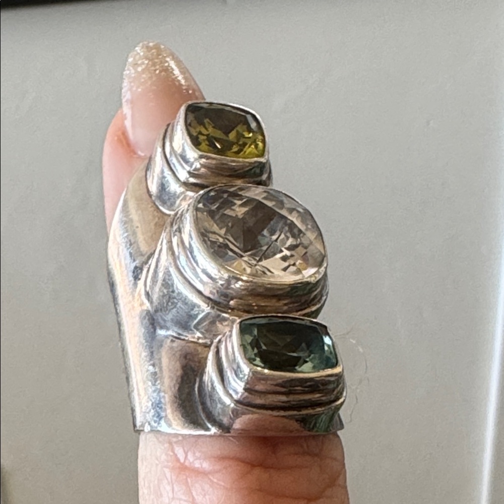 Solid Sterling Silver Ring With Green And Blue Ge… - image 3